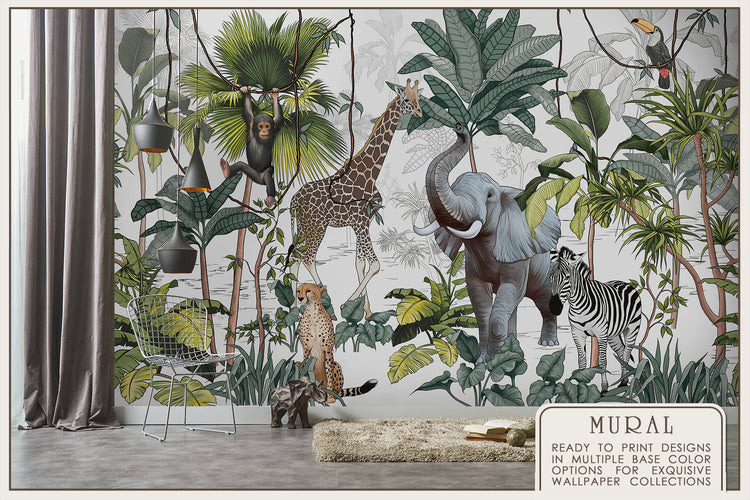 Tropical Mural With Animals Fresco
