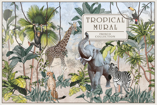Tropical Mural With Animals Fresco